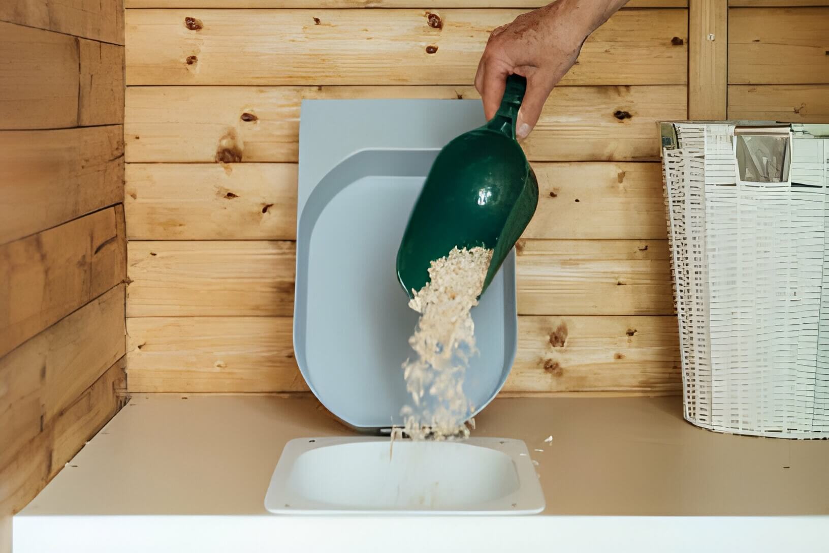 sawdust being poured into a composting toilet