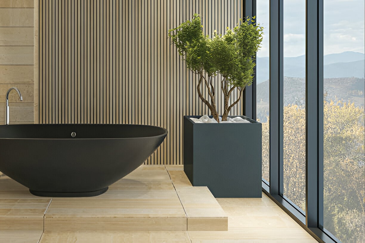 modern spa bathroom with beige stone tiles