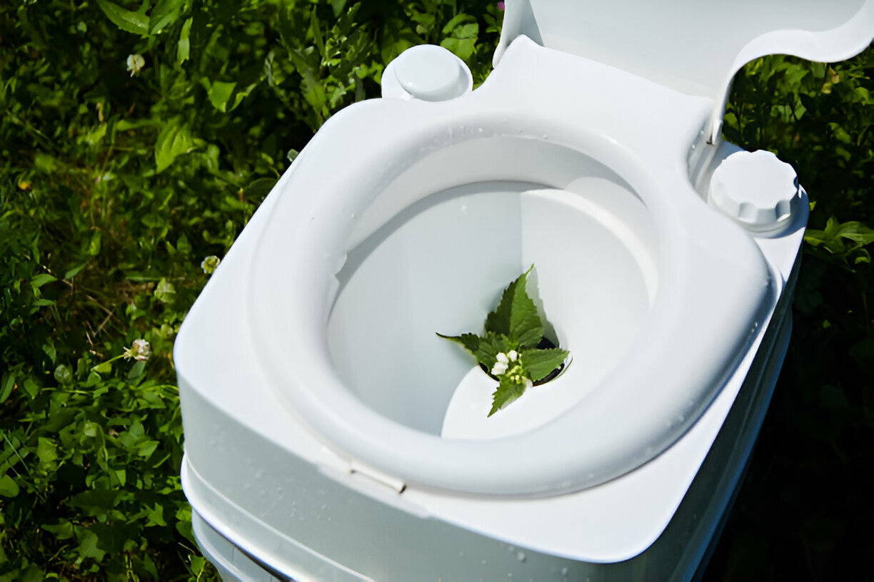 plastic toilet with open lid in the bushes